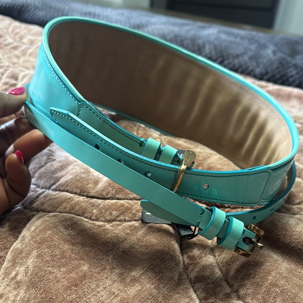 Burberry Blue Leather Belt with Polished Silver Hardware